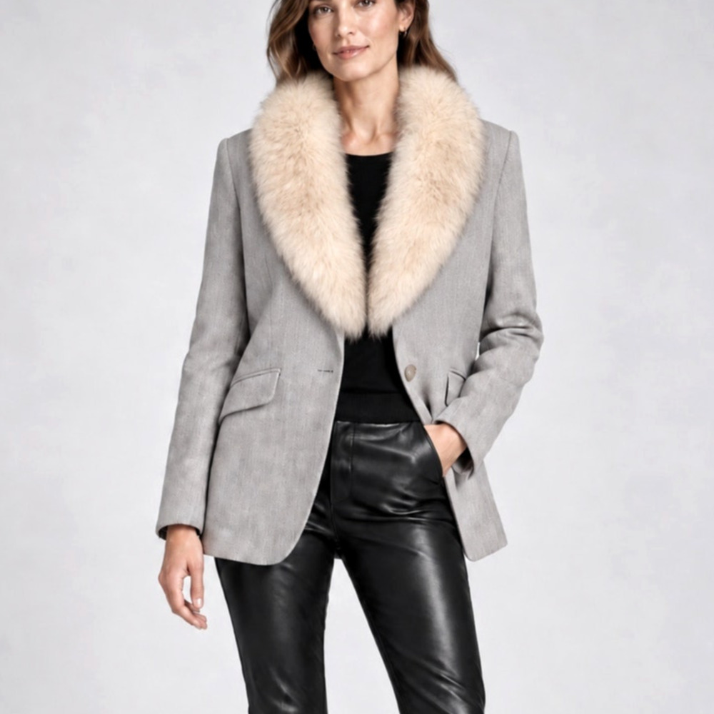 Theory 8 Fox Fur Blazer $795 Removable Collar Herringbone Wool Jacket Gray Cream